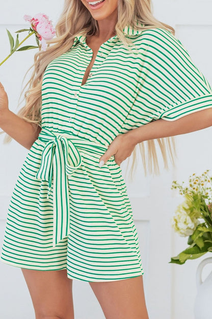 Striped Half Sleeve Tie Waist Romper