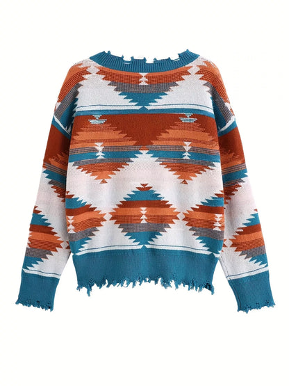Geometric Frayed Hem V-Neck Long Sleeve Sweater 4 Color Options