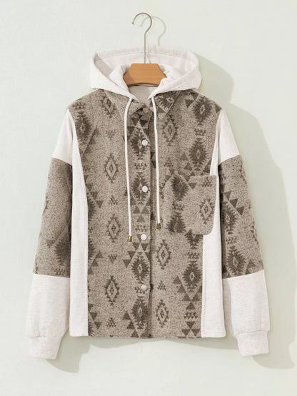Western Aztec Print Color Block Patchwork Drawstring Hooded Shacket