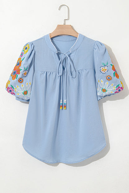 Hadlee Floral Embroidered Puff Sleeve Split Neck Blouse