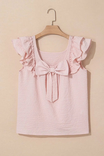 Textured Bow Knot Frilled Butterfly Sleeve Blouse