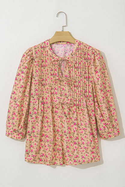 Sadie Floral Bow Pin-tuck Bust Half Puff Sleeve Blouse