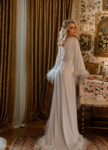 Luxury Ostrich Feather Satin Bridal Robe – White/Ivory Train, Holiday Photoshoot Gift