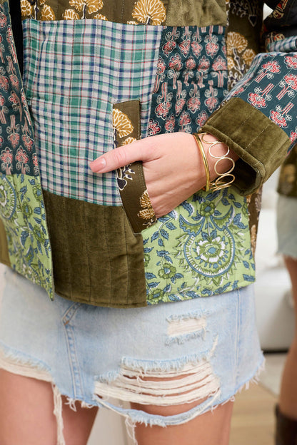 Meadow Folk Quilted Jacket with Patchwork in Dusty Green