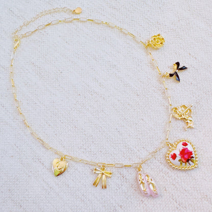 Ballet Garden Charm Necklace – Whimsical Gold Chain with Rose, Swan, Angel & Ballet Shoe Charms