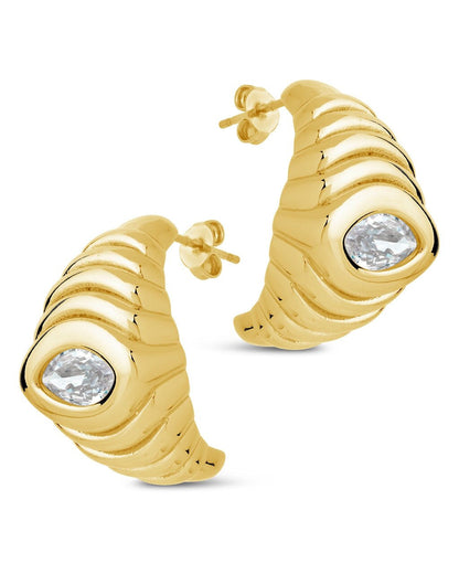 CZ Studded Croissant Hoop Earrings