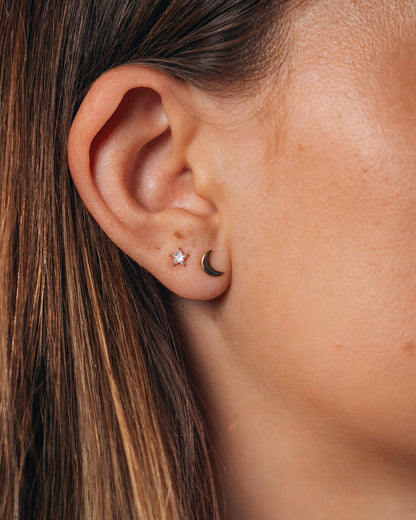 Sterling Silver Crescent & CZ Star Stud Set