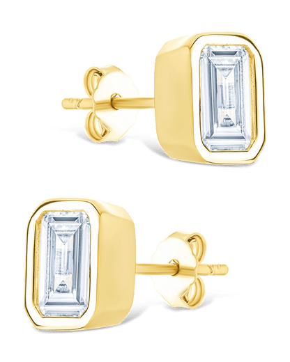 Sterling Silver Emerald Cut Bezel Set Stud Earrings