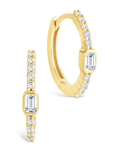 Sterling Silver Emerald Cut Bezel Set Huggie Hoop Earrings