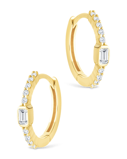 Sterling Silver Emerald Cut Bezel Set Huggie Hoop Earrings