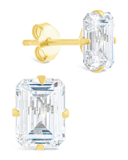 Sterling Silver Emerald Cut Prong Set Stud Earrings