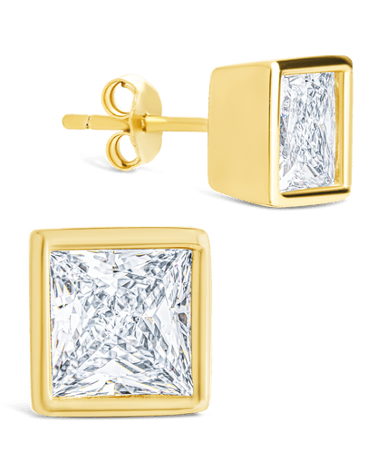 Sterling Silver Princess Cut Bezel Set Stud Earrings