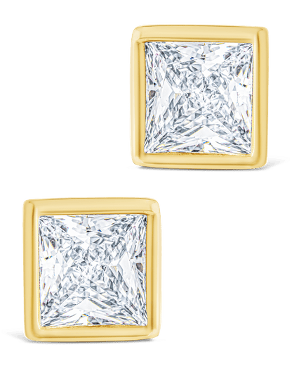 Sterling Silver Princess Cut Bezel Set Stud Earrings