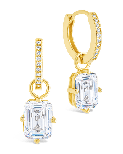 Sterling Silver Emerald Cut CZ Micro Hoop Dangle Earrings