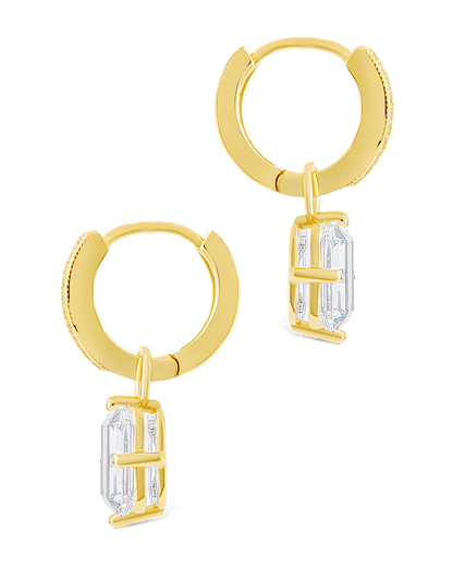 Sterling Silver Emerald Cut CZ Micro Hoop Dangle Earrings