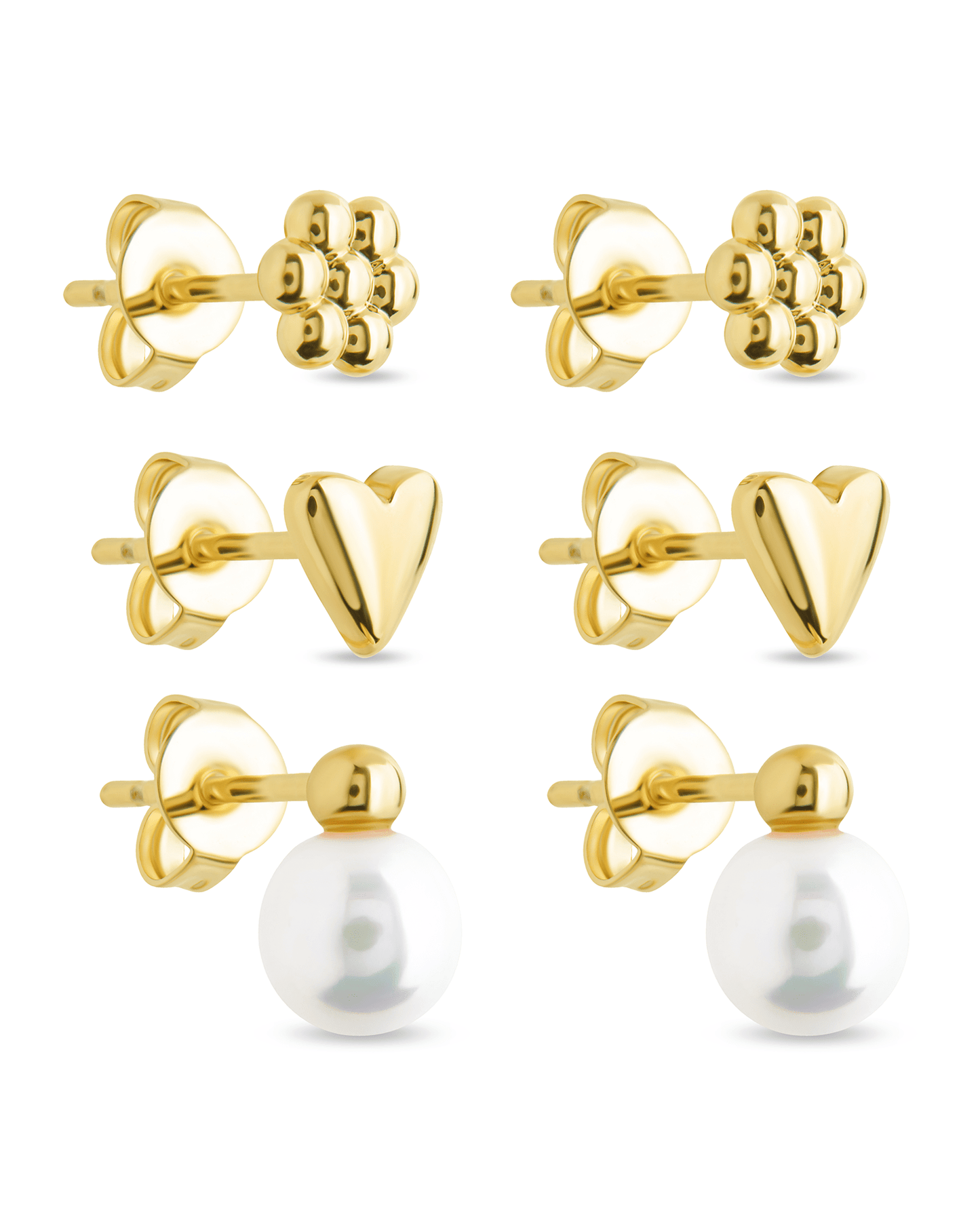 Sterling Silver Irene Pearl, Flower, & Heart Stud Earring Set of 3