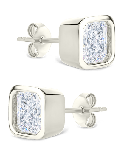 Sterling Silver Asscher Cut Bezel Set Stud Earrings
