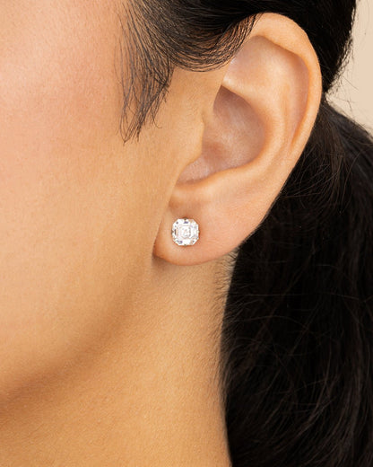 Sterling Silver Asscher Cut Prong Set Stud Earrings