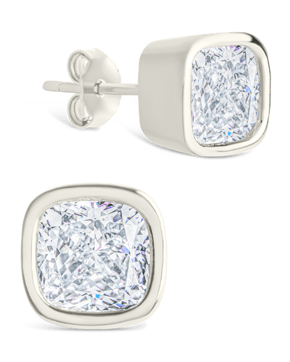 Sterling Silver Cushion Cut Bezel Set Stud Earrings