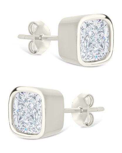 Sterling Silver Cushion Cut Bezel Set Stud Earrings