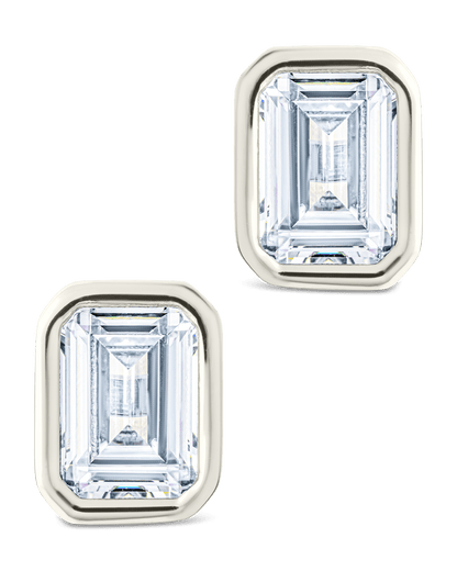 Sterling Silver Emerald Cut Bezel Set Stud Earrings