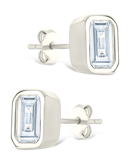 Sterling Silver Emerald Cut Bezel Set Stud Earrings