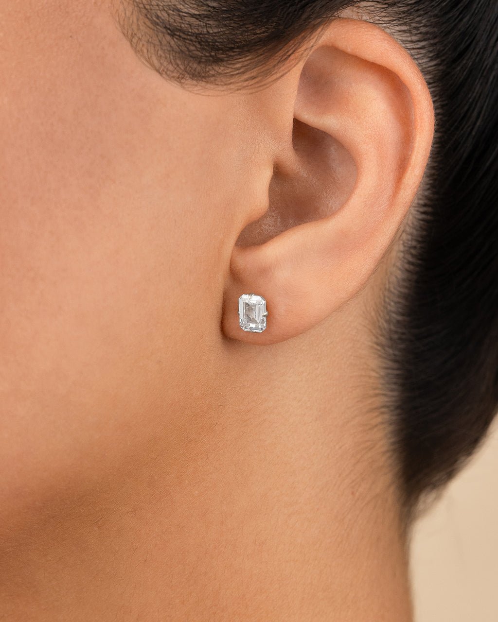 Sterling Silver Emerald Cut Prong Set Stud Earrings