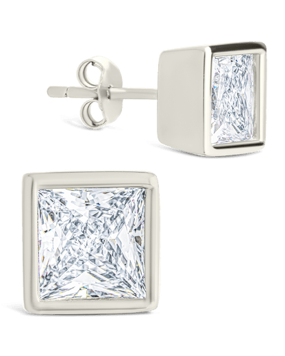 Sterling Silver Princess Cut Bezel Set Stud Earrings