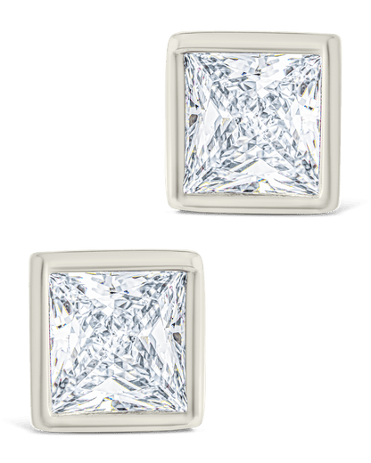 Sterling Silver Princess Cut Bezel Set Stud Earrings