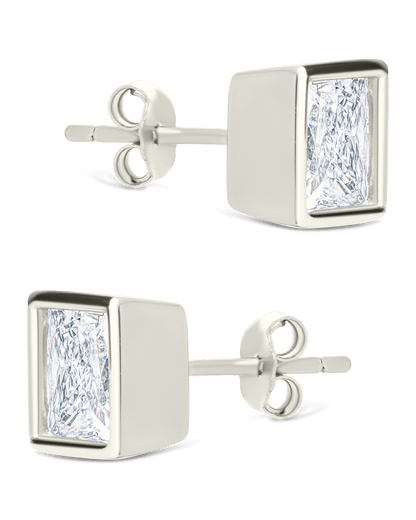 Sterling Silver Princess Cut Bezel Set Stud Earrings