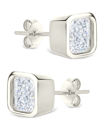 Sterling Silver Radiant Cut Bezel Set Stud Earrings