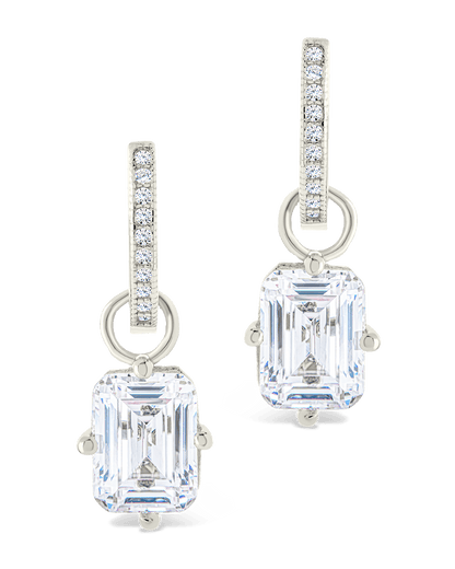 Sterling Silver Emerald Cut CZ Micro Hoop Dangle Earrings