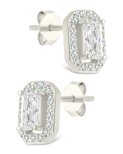 Sterling Silver Emerald Cut Brilliant Halo Studs