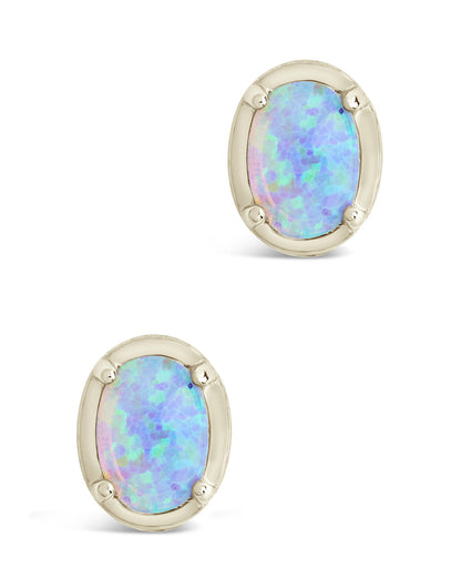 Sterling Silver Blue Opal Oval Stud Earrings
