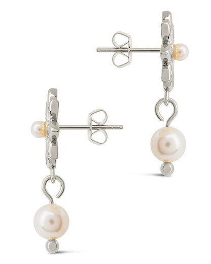 Esti CZ Flower & Pearl Drop Stud Earrings