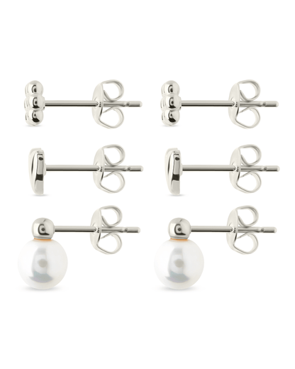 Sterling Silver Irene Pearl, Flower, & Heart Stud Earring Set of 3