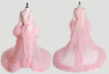 Tulle Ruffled Sleeves Fringe Multi-Color Custom Robe Dress for Theme Photo Shoot