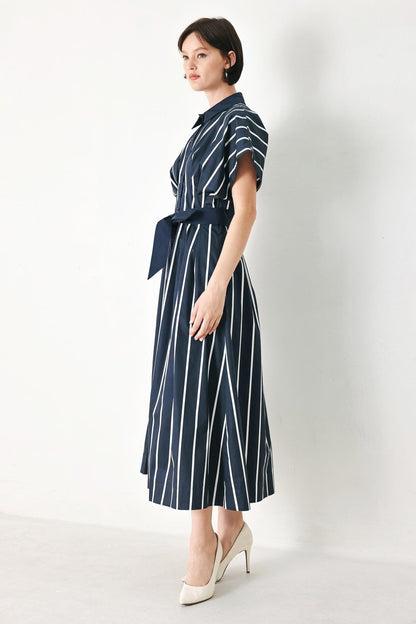 PINSTRIPE STORY WOVEN MIDI DRESS