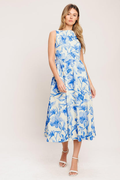 PORCELAIN FLORAL WOVEN MIDI DRESS