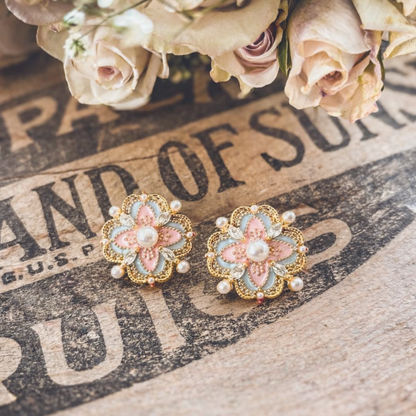 Beautiful Vintage Pastel and Pearl Stud Earrings