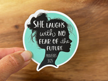 She Laughs with No Fear of the Future | Christian Sticker