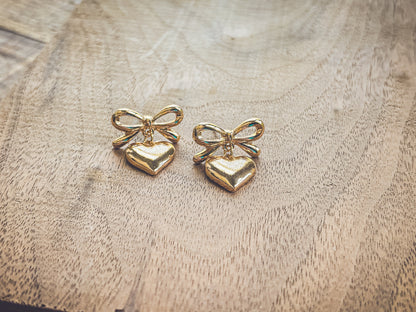 Beautiful Gold Heart Bow Earrings