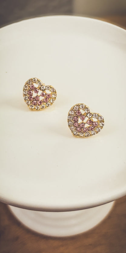 Beautiful Gold and Pink Crystal Heart Earrings