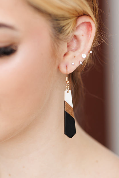 Beautiful Slim Black and White Resin Wood Earrings