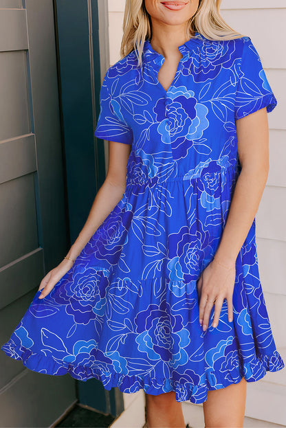 Lola-Blue Floral Ruffled Hem V Neck Short Sleeve Flowy Mini Dress