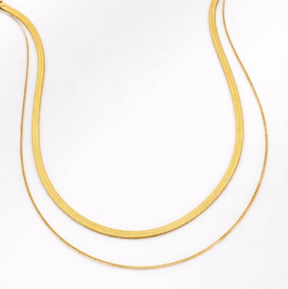 Layered Herringbone Chain Necklace, Waterproof Gold