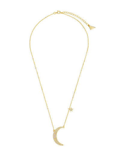 Sterling Silver CZ Crescent & Star Charm Necklace