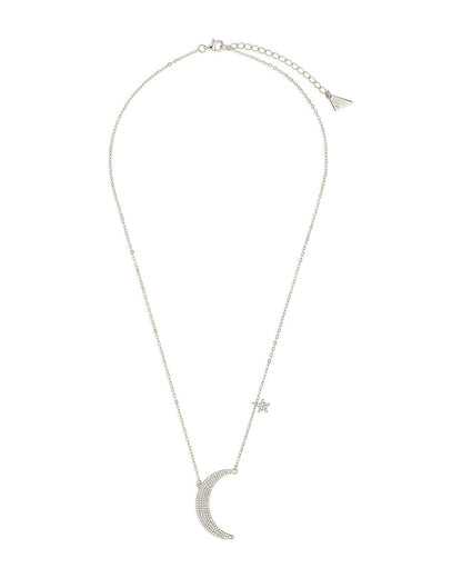 Sterling Silver CZ Crescent & Star Charm Necklace