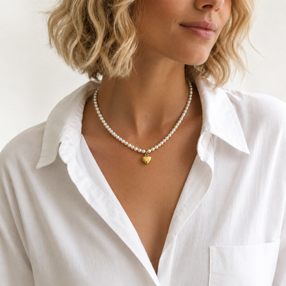 Pearl And Gold Bauble Heart Necklace