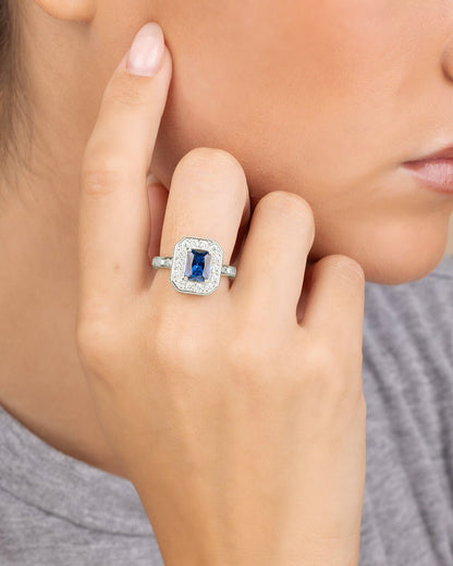 Sterling Silver Emerald Cut Sapphire CZ Cocktail Ring